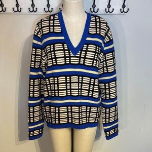V-Neck Vintage Austrian Virgin Wool Sweater in Blue and Black Checkered Pattern